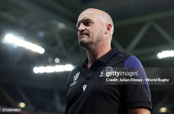 Gregor Townsend, Head Coach of Scotland, looks on prior to the Rugby World Cup France 2023 match between Scotland and Romania at Stade Pierre Mauroy...