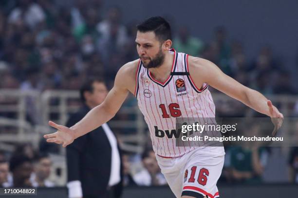 Kostas Papanikolau, #16 of Olympiacos Piraeus react during the 2023-24 Turkish Airlines EuroLeague Regular Season Round 1 game between Panathinaikos...