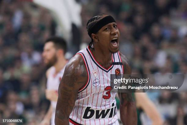 Isaiah Canaan, #3 of Olympiacos Piraeus react during the 2023-24 Turkish Airlines EuroLeague Regular Season Round 1 game between Panathinaikos Athens...