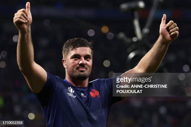 France's number eight Gregory Alldritt celebrates France's win at the end of the France 2023 Rugby World Cup Pool A match between France and Italy at...