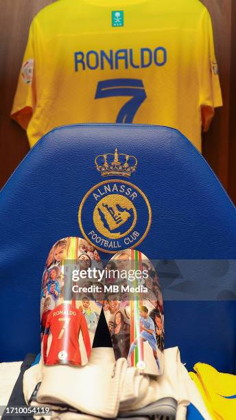 Cristiano Ronaldos shin pads in the changing room before the Saudi Pro League match between Al-Nassr and Abha at King Saud University Stadium on...