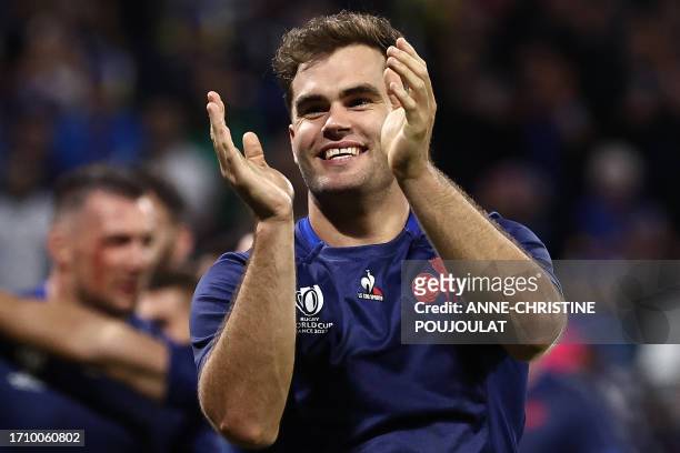 France's right wing Damian Penaud celebrates France's win at the end of the France 2023 Rugby World Cup Pool A match between France and Italy at the...