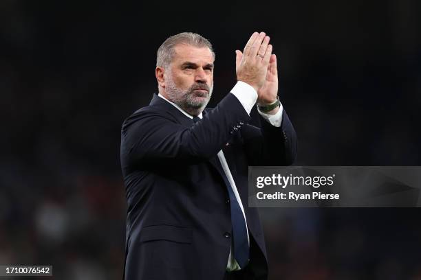 Ange Postecoglou, Manager of Tottenham Hotspur, applauds the fans following the team's victory during the Premier League match between Tottenham...