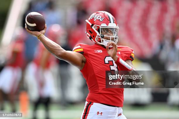 Taulia Tagovailoa of the Maryland Terrapins warms up before the game against the Indiana Hoosiers at SECU Stadium on September 30, 2023 in College...