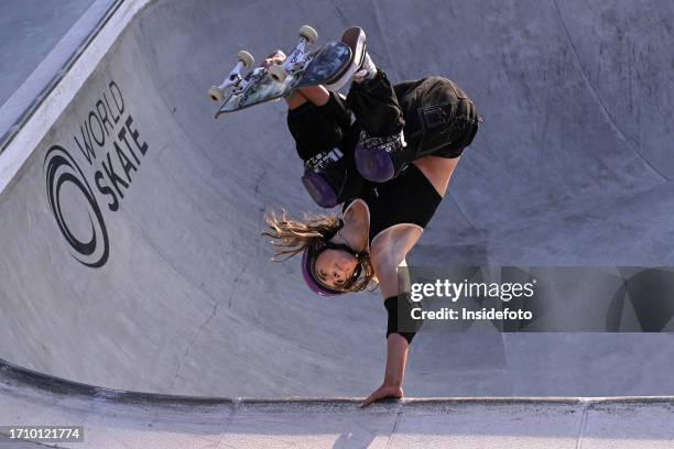 Aaliyah Wilson of Australia competes in the quarterfinals of the 2023 Skateboarding Park World Championship women's, a qualifying event for Paris...