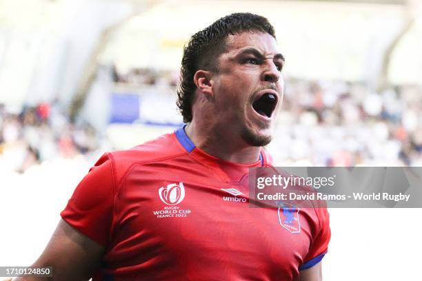 Augusto Bohme of Chile celebrates after scoring a try, which is later ruled out following a TMO Review, during the Rugby World Cup France 2023 match...