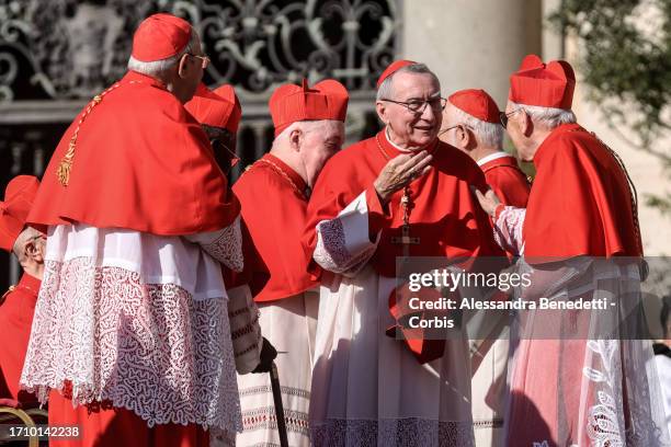 Vatican State Secretary Pietro Parolin greets cardinals during a consistory, on September 30, 2023 in Vatican City, Vatican. Pope Francis holds a...