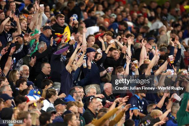 Fans of Scotland celebrate during the Rugby World Cup France 2023 match between Scotland and Romania at Stade Pierre Mauroy on September 30, 2023 in...