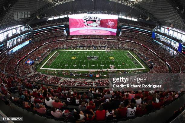 General view as the Texas A&M Aggies and the Arkansas Razorbacks play in the Southwest Classic at AT&T Stadium on September 30, 2023 in Arlington,...