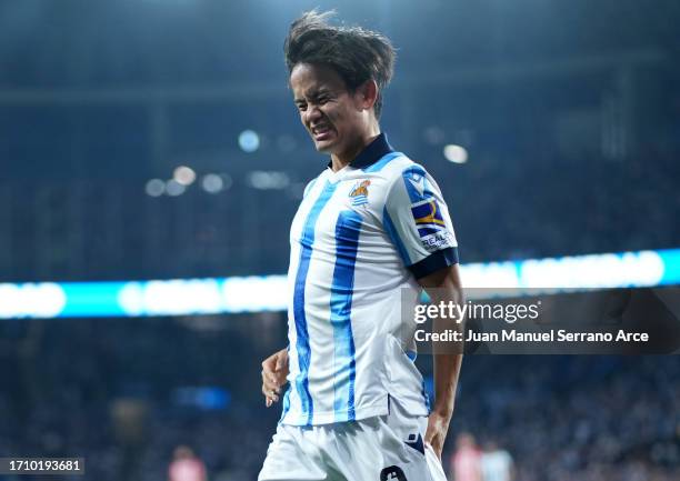 Takefusa Kubo of Real Sociedad celebrates after scoring the team's second goal during the LaLiga EA Sports match between Real Sociedad and Athletic...