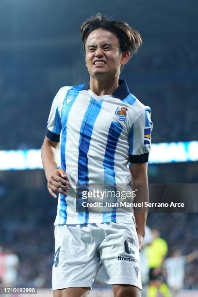 Takefusa Kubo of Real Sociedad celebrates after scoring the team's second goal during the LaLiga EA Sports match between Real Sociedad and Athletic...