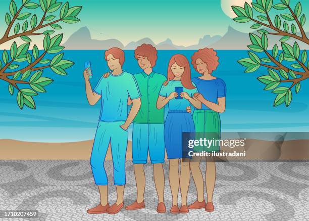 four friends on summer vacation in rio de janeiro - woman selfie portrait stock illustrations