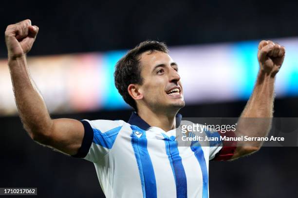 Mikel Oyarzabal of Real Sociedad celebrates after scoring the team's third goal during the LaLiga EA Sports match between Real Sociedad and Athletic...