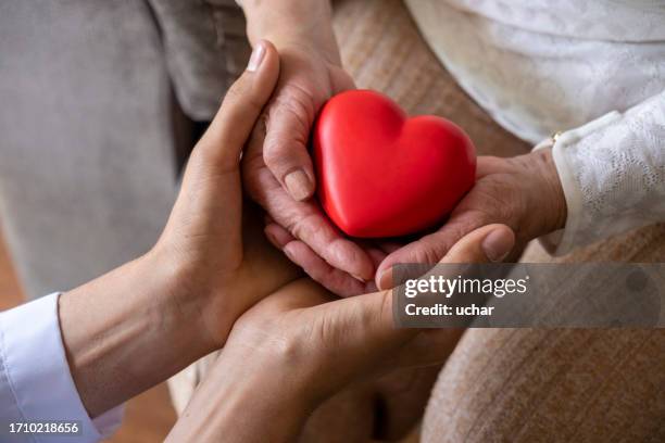 taking care for the elderly concept with a wrinkled hands and young hands holding a red heart shape - doação de órgãos imagens e fotografias de stock