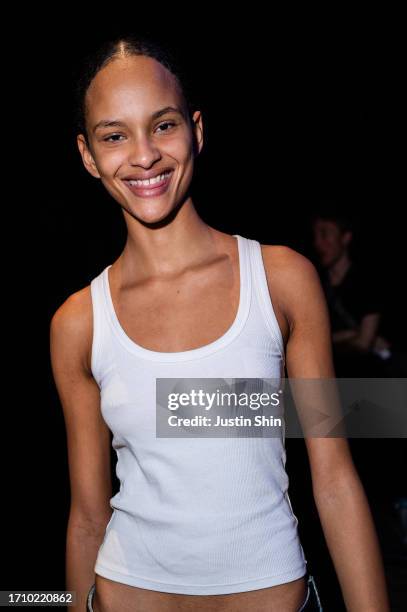 Model poses in the backstage prior to the Alainpaul Womenswear Spring/Summer 2024 show as part of Paris Fashion Week on September 30, 2023 in Paris,...