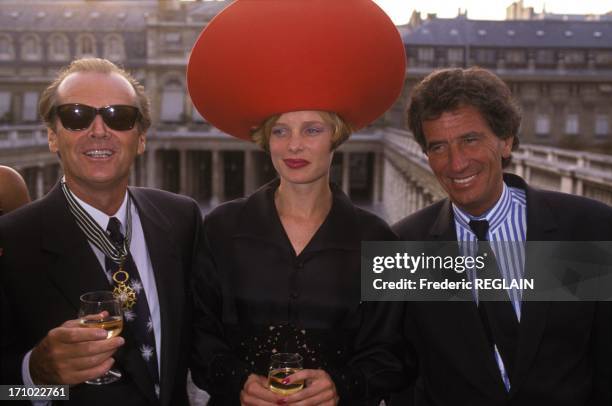 Actor Jack Nicolson after he received a decoration with friend Rebecca Broussard and French Minister of Culture Jack Lang on the terrace of the...