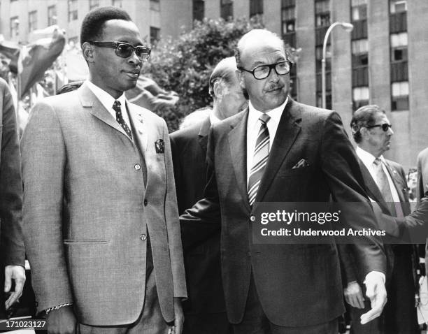 President Joseph Mobutu of the Democratic Republic of the Congo is greeted by RCA chairman and president Robert Sarnoff at the RCA BUilding in...