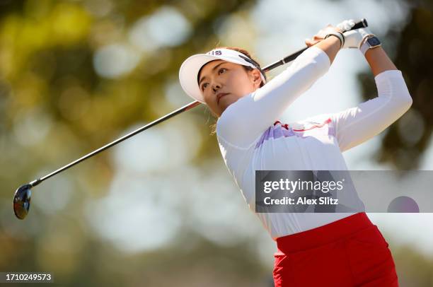 Jenny Shin of South Korea plays her shot from the 13th tee during the second round of the Walmart NW Arkansas Championship presented by P&G at...