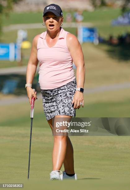 Lindsey Weaver-Wright of the United States reacts to a missed putt on the 18th green during the second round of the Walmart NW Arkansas Championship...