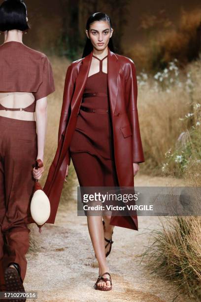 Model walks the runway during the Hermes Ready to Wear Spring/Summer 2024 fashion show as part of the Paris Fashion Week on September 30, 2023 in...