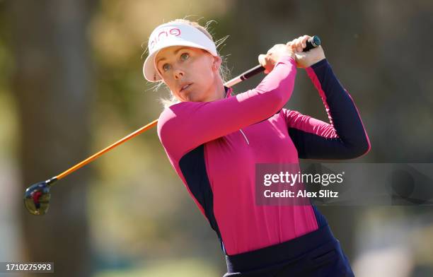 Pernilla Lindberg of Sweden plays her shot from the 13th tee during the second round of the Walmart NW Arkansas Championship presented by P&G at...