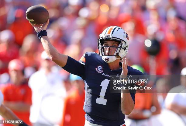 Payton Thorne of the Auburn Tigers passes against the Georgia Bulldogs during the second quarter at Jordan-Hare Stadium on September 30, 2023 in...