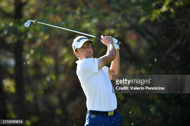 Benjamin Hebert of France tees off on the fifth hole during Day Two of the Hopps Open de Provence at Golf International de Pont Royal on October 6,...