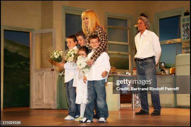 Grand children of Mireille Darc: Justine, Valentin, Raphael and Michael - Surprise birthday of Mireille Darc on the stage of the Marigny theater by...