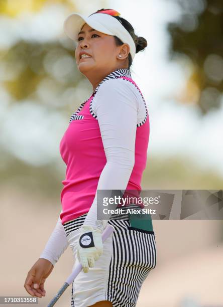 Jasmine Suwannapura of Thailand reacts to her shot from the 13th tee during the second round of the Walmart NW Arkansas Championship presented by P&G...