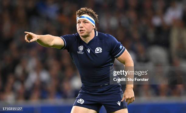 Scotland player Hamish Watson makes a point during the Rugby World Cup France 2023 match between Scotland and Romania at Stade Pierre Mauroy on...