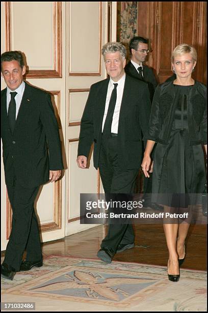 Nicolas Sarkozy, David Lynch and Melita Toscan Du Plantier - David Lynch is made Officer of the Legion of Honor at the Elysee palace.
