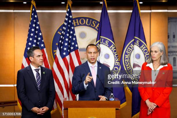 House Minority Leader Hakeem Jeffries speaks at a news conference at the U.S. Capitol Building following passage in the House of a 45-day continuing...