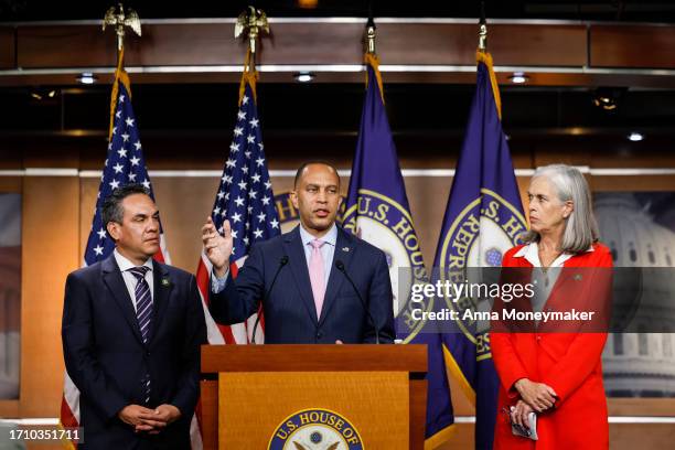 House Minority Leader Hakeem Jeffries speaks at a news conference at the U.S. Capitol Building following passage in the House of a 45-day continuing...