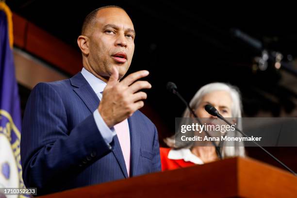 House Minority Leader Hakeem Jeffries speaks at a news conference at the U.S. Capitol Building following passage in the House of a 45-day continuing...