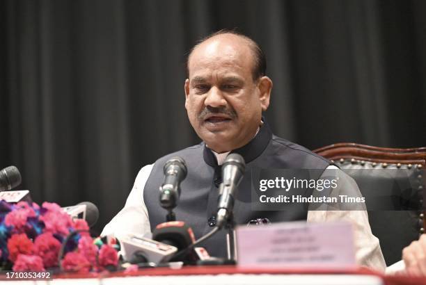 Lok Sabha Speaker Om Birla briefs the press on the 9th G20 Parliamentary Speakers' Summit at the Parliament House complex, on October 6, 2023 in New...