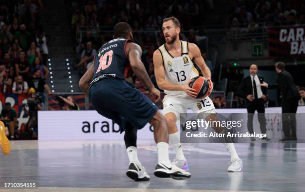 Sergio Rodriguez, #13 of Real Madrid in action during the 2023-24 Turkish Airlines EuroLeague Regular Season Round 1 game between Baskonia Vitoria...