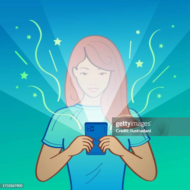 girl holding phone with light and icons coming out - human hologram stock illustrations