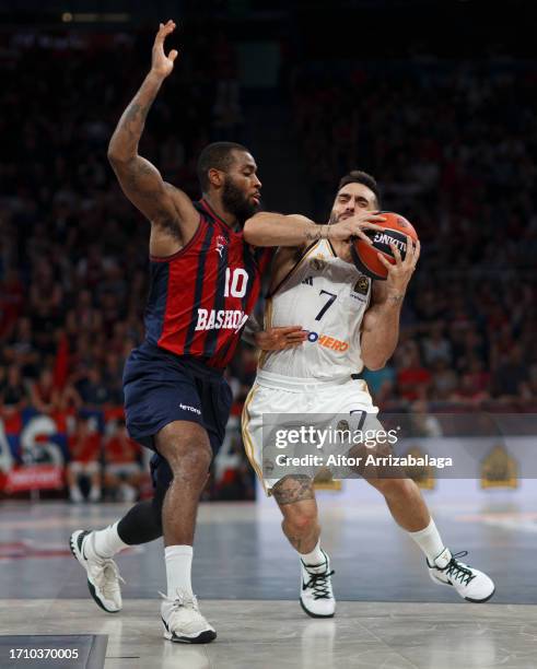 Facundo Campazzo, #7 of Real Madrid in action during the 2023-24 Turkish Airlines EuroLeague Regular Season Round 1 game between Baskonia Vitoria...