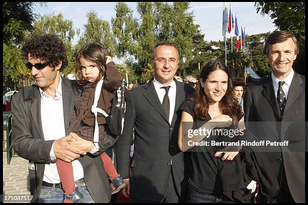 Mazarine Pingeot between Marc Antoine Jamet and Nicolas Beytout at Jardin D'Acclimatation 150th Anniversary With Les Echos Des Fanfares.