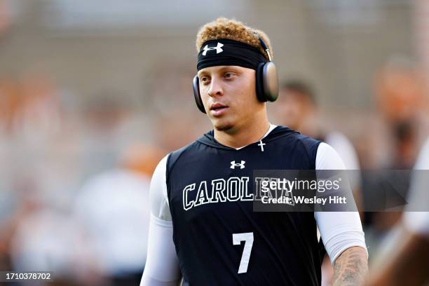 Spencer Rattler of the South Carolina Gamecocks warms up before a game against the Tennessee Volunteers at Neyland Stadium on September 30, 2023 in...