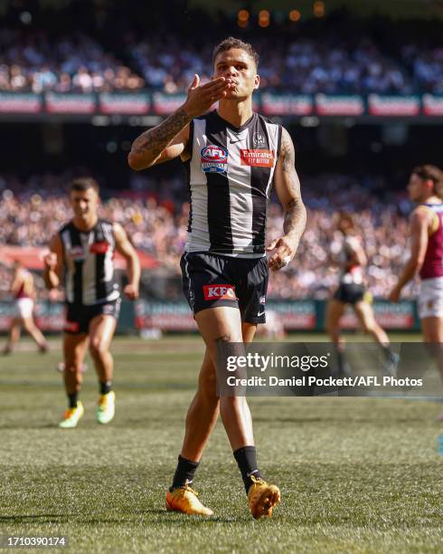Bobby Hill of the Magpies celebrates kicking a goal during the 2023 AFL Grand Final match between Collingwood Magpies and Brisbane Lions at Melbourne...