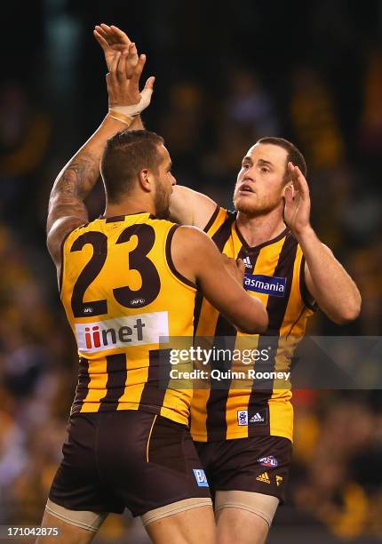 Jarryd Roughead of the Hawks is congratulated by Lance Franklin after kicking a goal during the round 13 AFL match between the Hawthorn Hawks and the...