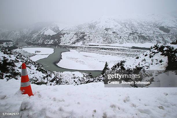 Waiau River bed is covered in snow in the Lewis Pass on June 21, 2013 in Christchurch, New Zealand. Now, sleet, rain and heavy winds have hit the...