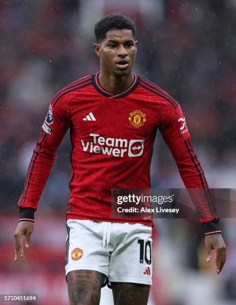 Marcus Rashford of Manchester United looks on during the Premier League match between Manchester United and Crystal Palace at Old Trafford on...