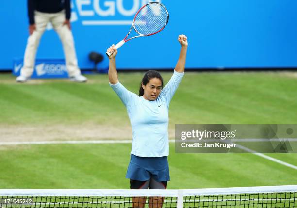 Jamie Hampton of USA celebrates victory in her women's singles semi final match against Caroline Wozniacki of Denmark during day seven of the AEGON...