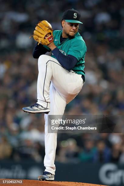 Luis Castillo of the Seattle Mariners pitches during the first inning against the Texas Rangers at T-Mobile Park on September 30, 2023 in Seattle,...