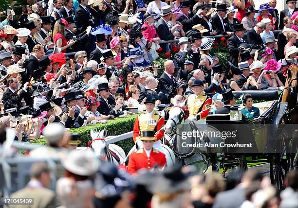 Queen Elizabeth II, Prince El Hassan bin Talal, Princess Sarvath El Hassan and The Duke of Argyll during the Royal Procession on day four of Royal...