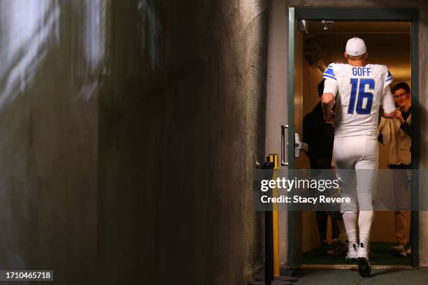 Jared Goff of the Detroit Lions leaves the field following a game against the Green Bay Packers at Lambeau Field on September 28, 2023 in Green Bay,...