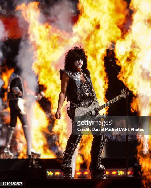 Paul Stanley of Kiss performs during the 2023 AFL Grand Final match between Collingwood Magpies and Brisbane Lions at Melbourne Cricket Ground, on...