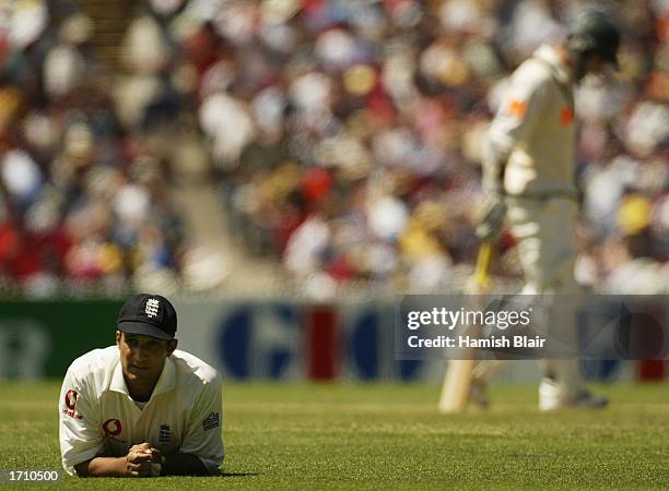 Mark Butcher of England looks on during day two of the Boxing Day Fourth Ashes Test between Australia and England held at the Melbourne Cricket...